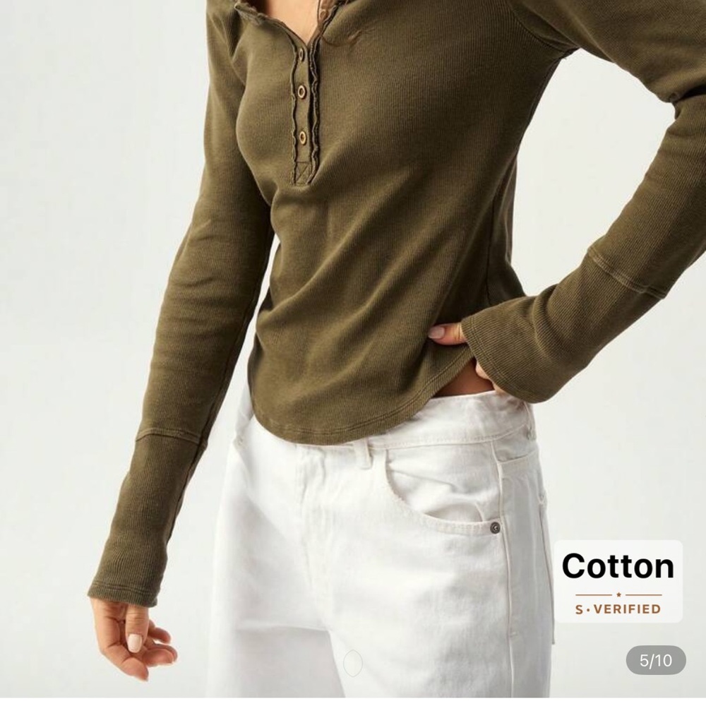 💛 Bohemela Army Green Ribbed Cotton Long Sleeve Top with Buttons (Size S) - Picture 5 of 8
